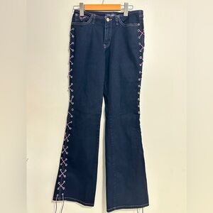 Y2K Dark Blue Flared Jeans with Lavender Lace-Up Sides